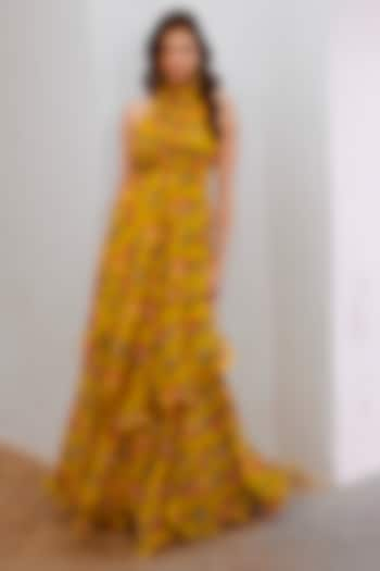 Green Chiffon Printed Double Layered Maxi Dress by Pallavi Jaipur at Pernia's Pop Up Shop