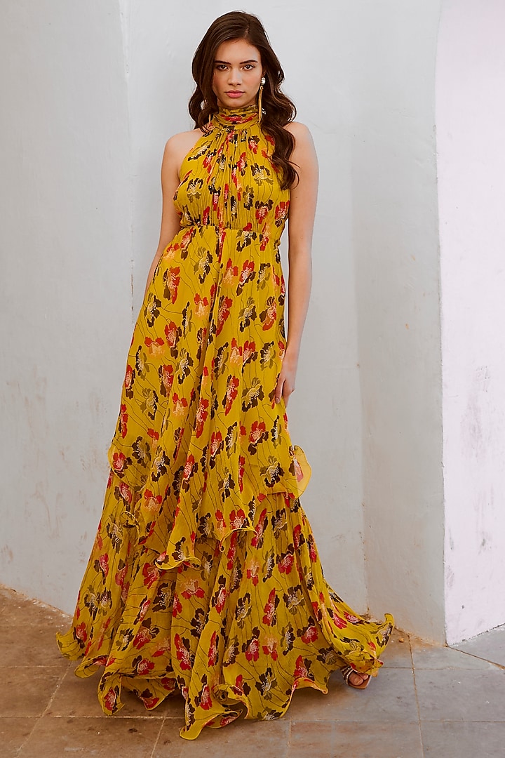 Green Chiffon Printed Double Layered Maxi Dress by Pallavi Jaipur at Pernia's Pop Up Shop