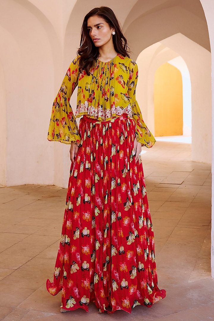 Chilly Red Chiffon Printed Ruched Skirt Set by Pallavi Jaipur