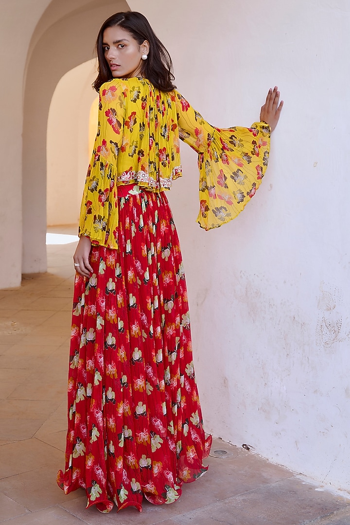 Chilly Red Chiffon Printed Ruched Skirt Set by Pallavi Jaipur at Pernia's Pop Up Shop