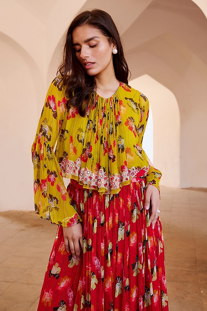 Chilly Red Chiffon Printed Ruched Skirt Set by Pallavi Jaipur at Pernia's Pop Up Shop