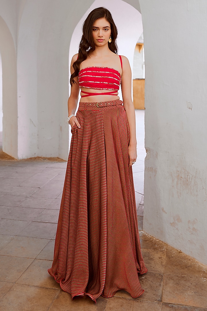 Red Silk Blend Flared Skirt Set by Pallavi Jaipur at Pernia's Pop Up Shop