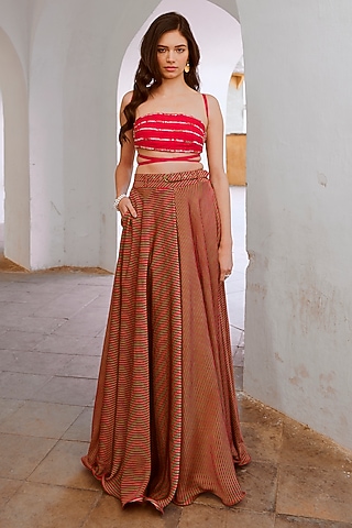 Red Silk Blend Flared Skirt Set by Pallavi Jaipur