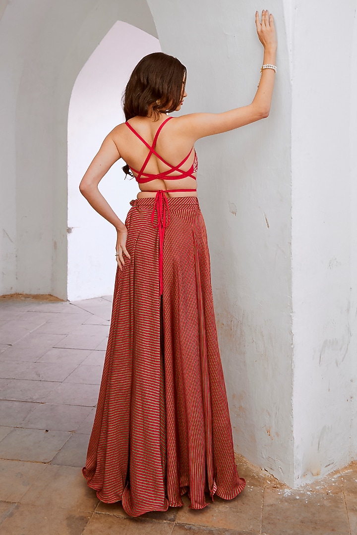 Red Silk Blend Flared Skirt Set by Pallavi Jaipur at Pernia's Pop Up Shop
