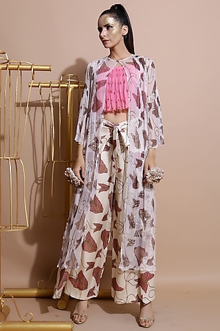Fawn White Embroidered Cape With Pants & Pink Crop Top by Pallavi Jaipur