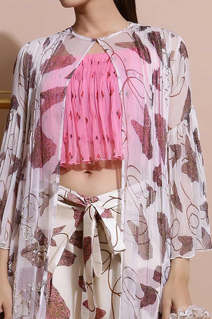 Fawn White Embroidered Cape With Pants & Pink Crop Top by Pallavi Jaipur at Pernia's Pop Up Shop