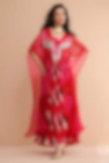 Rose Pink & Red Chiffon Sequins Embroidered Kaftan by Pallavi Jaipur at Pernia's Pop Up Shop