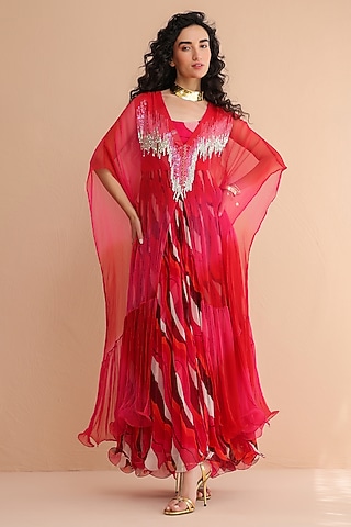 Rose Pink & Red Chiffon Sequins Embroidered Kaftan by Pallavi Jaipur