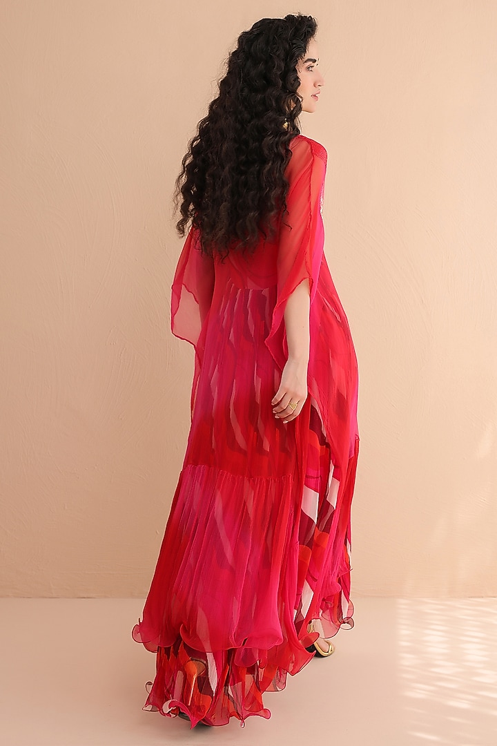 Rose Pink & Red Chiffon Sequins Embroidered Kaftan by Pallavi Jaipur at Pernia's Pop Up Shop
