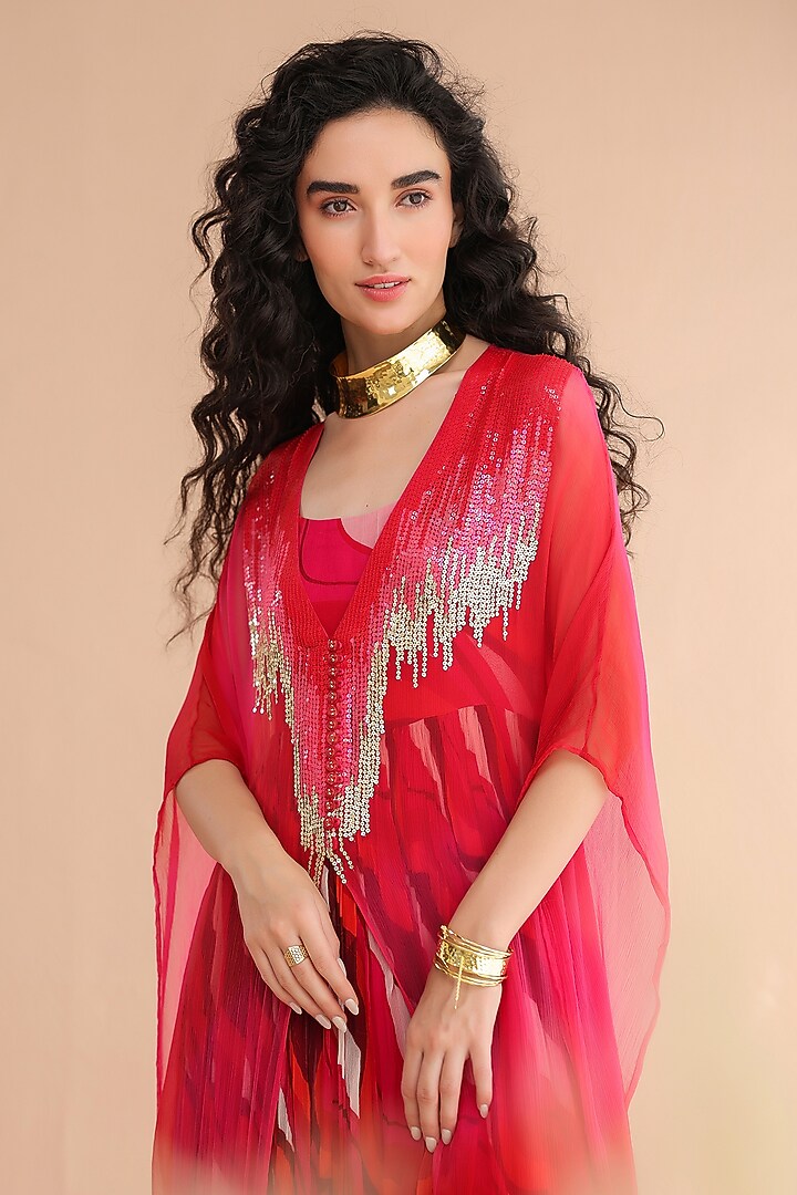 Rose Pink & Red Chiffon Sequins Embroidered Kaftan by Pallavi Jaipur at Pernia's Pop Up Shop