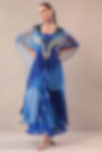 Amber & Ocean Blue Chiffon Sequins Embroidered Kaftan by Pallavi Jaipur at Pernia's Pop Up Shop