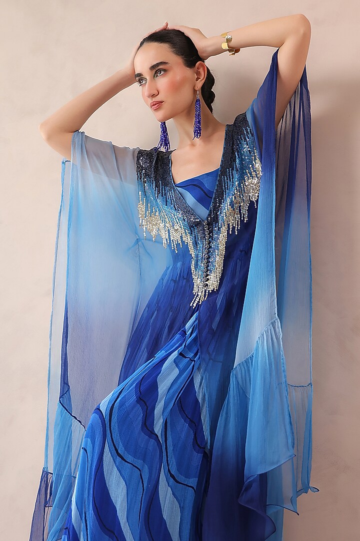 Amber & Ocean Blue Chiffon Sequins Embroidered Kaftan by Pallavi Jaipur at Pernia's Pop Up Shop