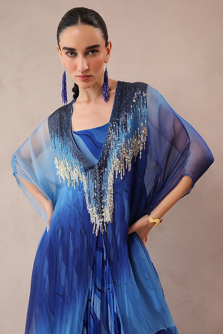 Amber & Ocean Blue Chiffon Sequins Embroidered Kaftan by Pallavi Jaipur at Pernia's Pop Up Shop