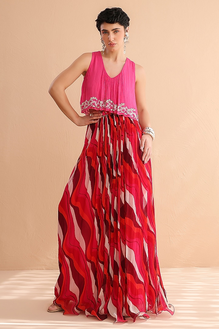Fuchsia Pink Chiffon Lehar Printed Skirt Set by Pallavi Jaipur at Pernia's Pop Up Shop