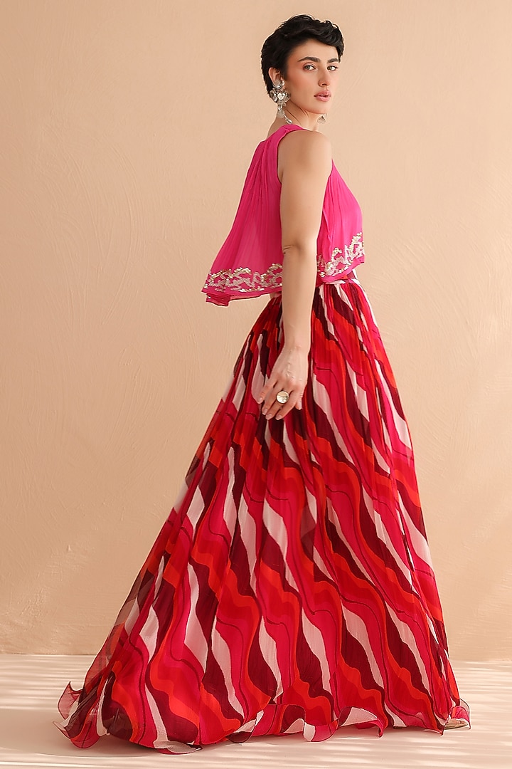 Fuchsia Pink Chiffon Lehar Printed Skirt Set by Pallavi Jaipur at Pernia's Pop Up Shop