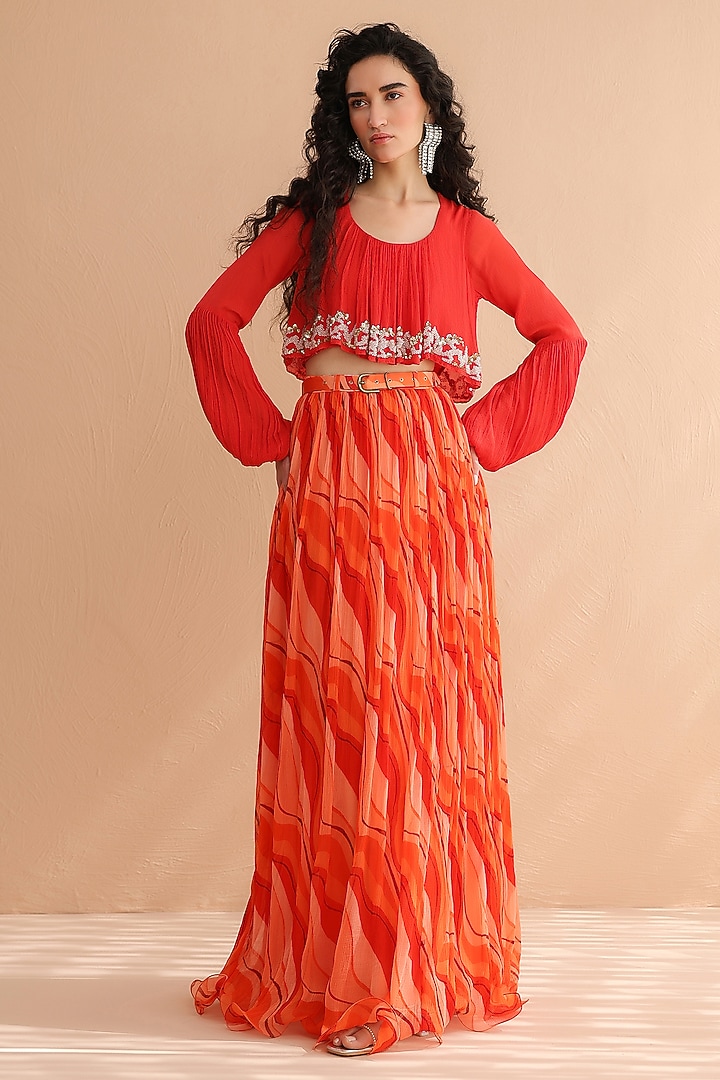Tangerine Chiffon Lehar Printed Skirt Set by Pallavi Jaipur at Pernia's Pop Up Shop