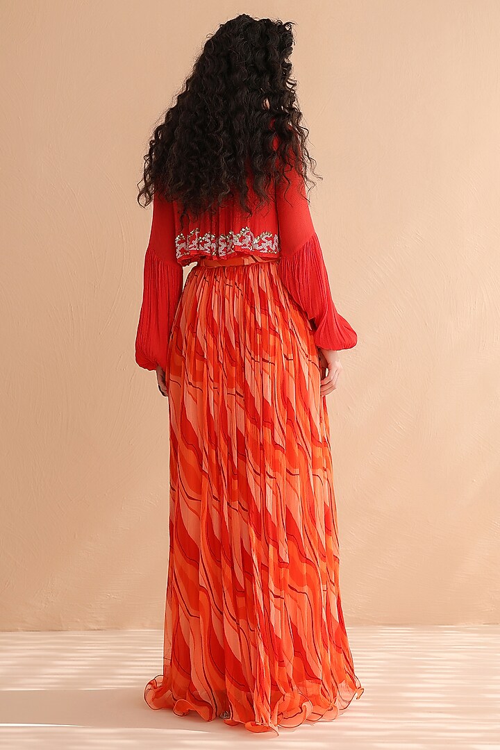 Tangerine Chiffon Lehar Printed Skirt Set by Pallavi Jaipur at Pernia's Pop Up Shop