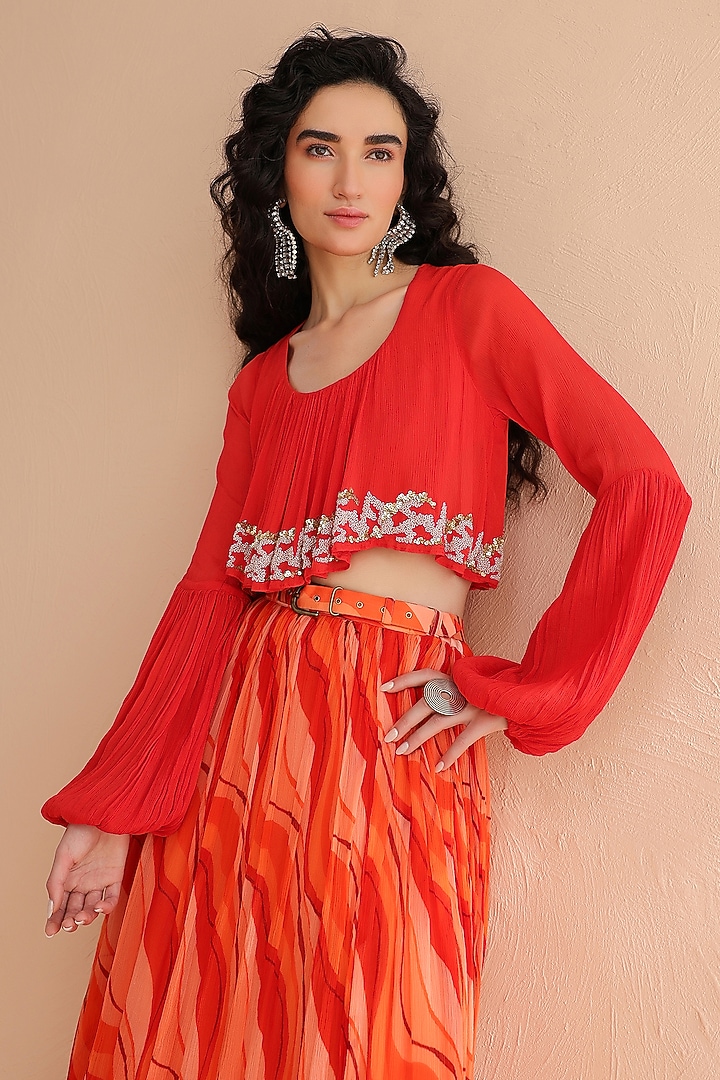 Tangerine Chiffon Lehar Printed Skirt Set by Pallavi Jaipur at Pernia's Pop Up Shop
