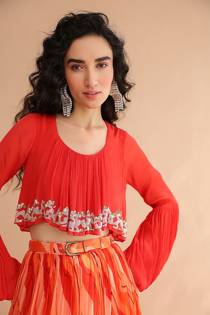 Tangerine Chiffon Lehar Printed Skirt Set by Pallavi Jaipur at Pernia's Pop Up Shop