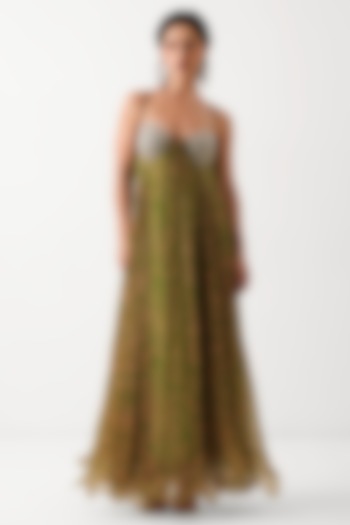 Avocado Green Chiffon Hand Embroidered Maxi Vacation Dress by Pallavi Jaipur at Pernia's Pop Up Shop