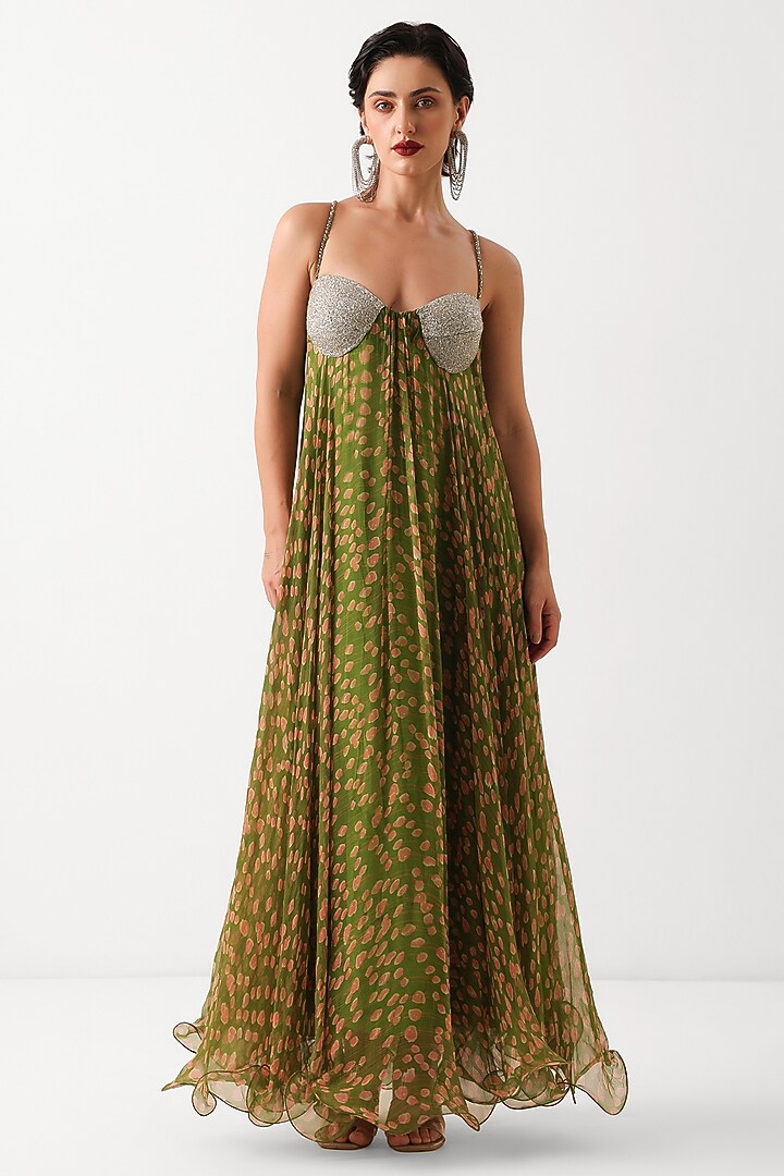 Avocado Green Chiffon Hand Embroidered Maxi Vacation Dress by Pallavi Jaipur at Pernia's Pop Up Shop