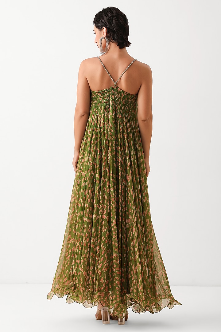Avocado Green Chiffon Hand Embroidered Maxi Vacation Dress by Pallavi Jaipur at Pernia's Pop Up Shop