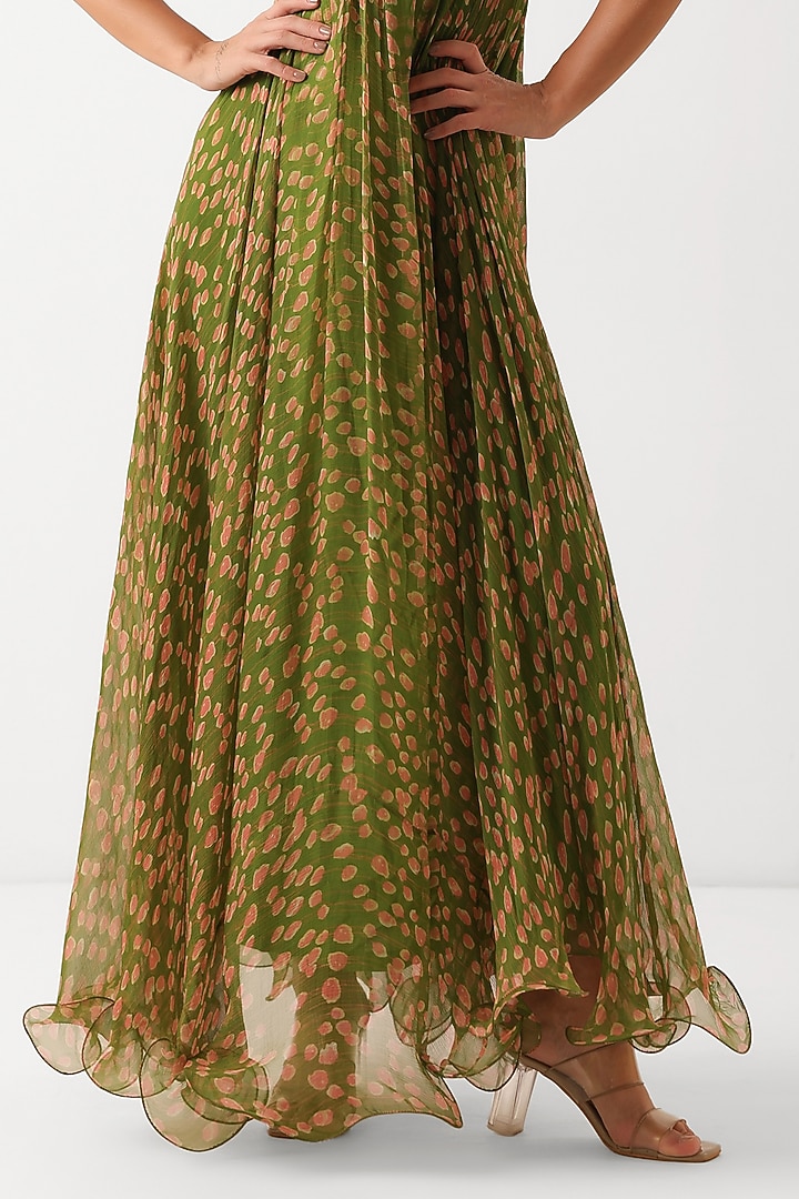 Avocado Green Chiffon Hand Embroidered Maxi Vacation Dress by Pallavi Jaipur at Pernia's Pop Up Shop