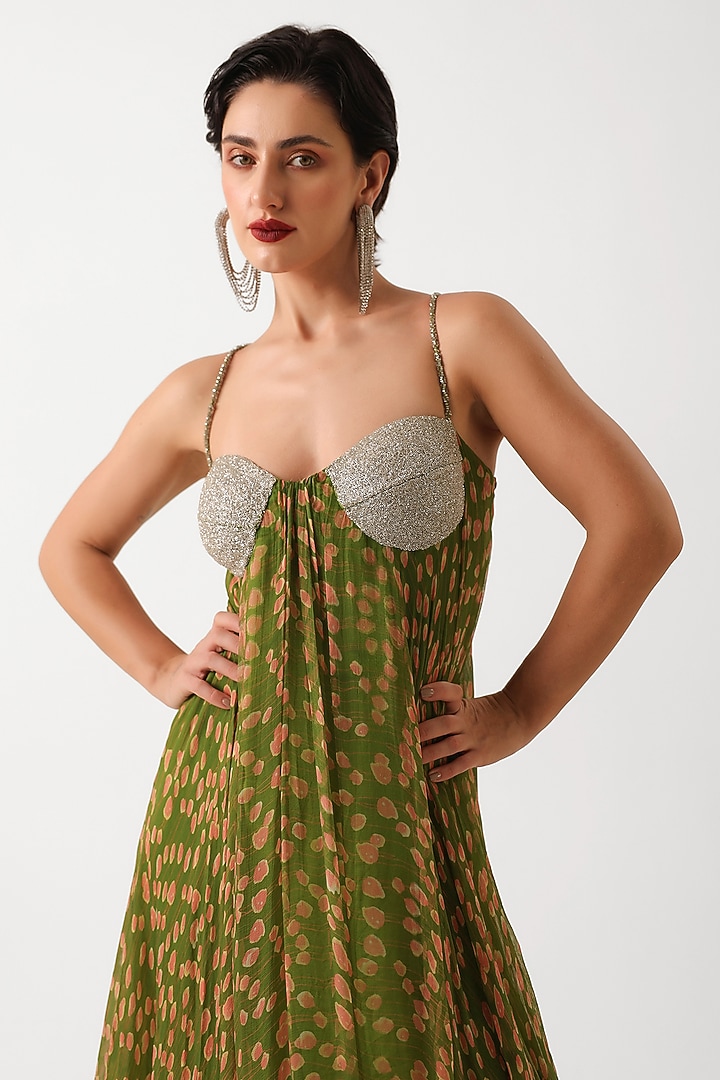 Avocado Green Chiffon Hand Embroidered Maxi Vacation Dress by Pallavi Jaipur at Pernia's Pop Up Shop