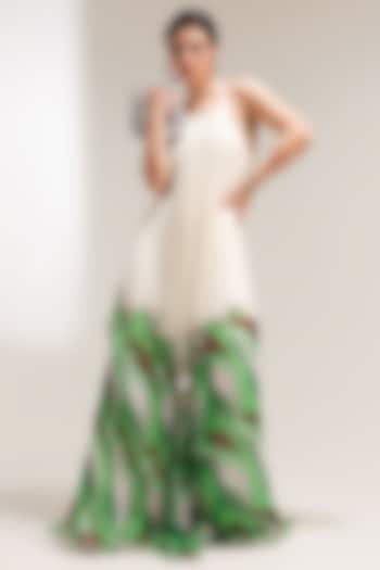 Ivory & Forest Green Chiffon Lehar Printed Maxi Vacation Dress by Pallavi Jaipur at Pernia's Pop Up Shop