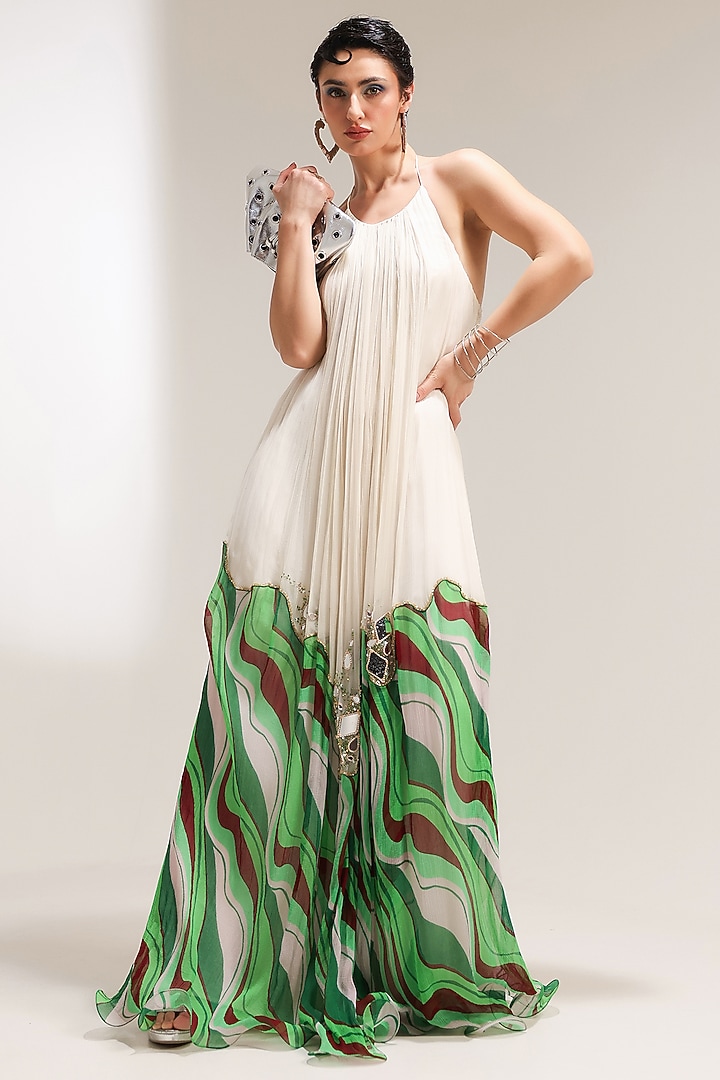 Ivory & Forest Green Chiffon Lehar Printed Maxi Vacation Dress by Pallavi Jaipur at Pernia's Pop Up Shop