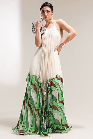 Ivory & Forest Green Chiffon Lehar Printed Maxi Dress by Pallavi Jaipur