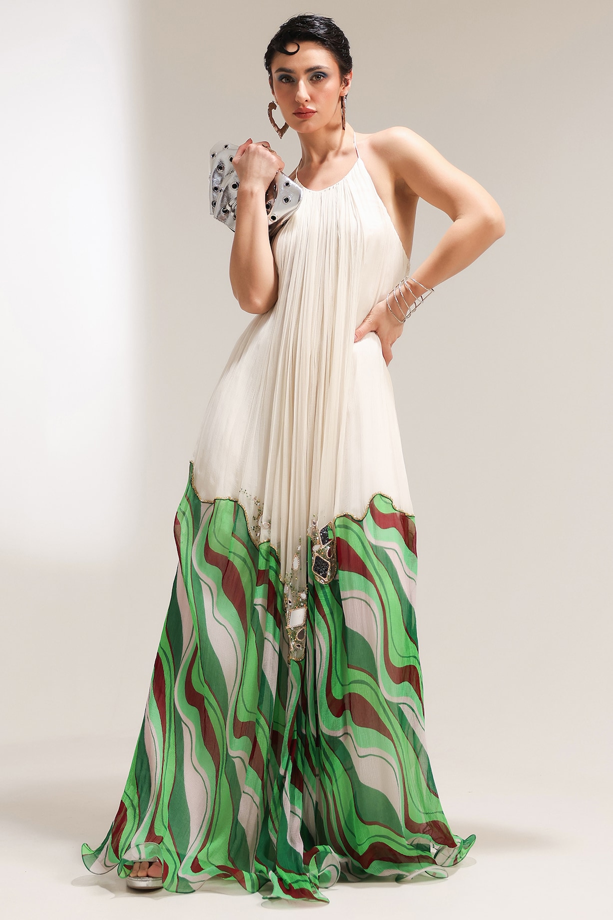 Ivory & Forest Green Chiffon Lehar Printed Maxi Vacation Dress by Pallavi  Jaipur at Pernia's Pop Up Shop 2026