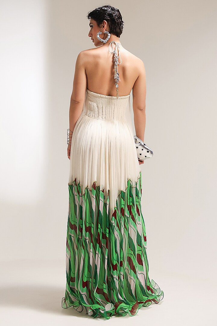 Ivory & Forest Green Chiffon Lehar Printed Maxi Cocktail Dress by Pallavi Jaipur at Pernia's Pop Up Shop