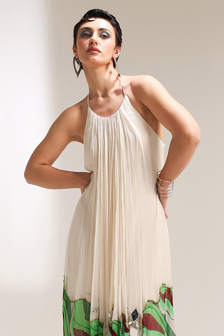Ivory & Forest Green Chiffon Lehar Printed Maxi Cocktail Dress by Pallavi Jaipur at Pernia's Pop Up Shop