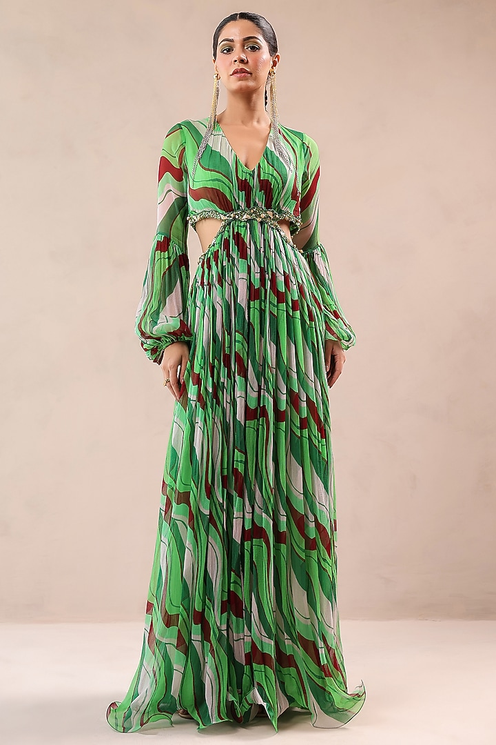 Forest Green Chiffon Lehar Printed Maxi Vacation Dress by Pallavi Jaipur at Pernia's Pop Up Shop