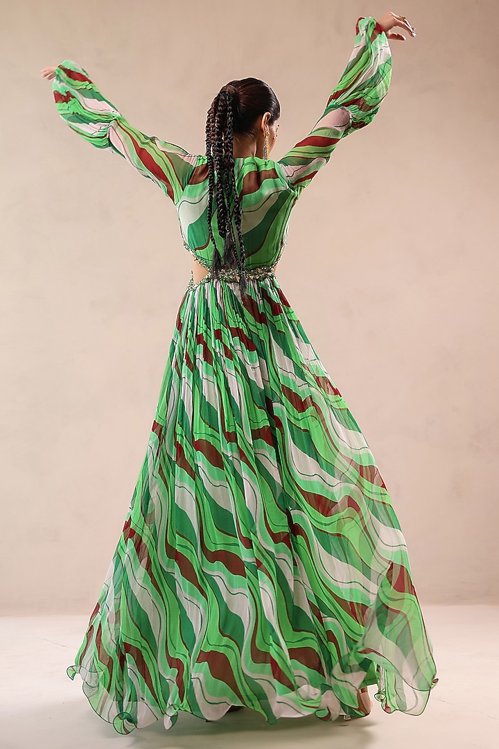Forest Green Chiffon Lehar Printed Maxi Vacation Dress by Pallavi Jaipur at Pernia's Pop Up Shop