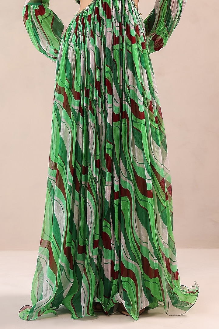 Forest Green Chiffon Lehar Printed Maxi Vacation Dress by Pallavi Jaipur at Pernia's Pop Up Shop