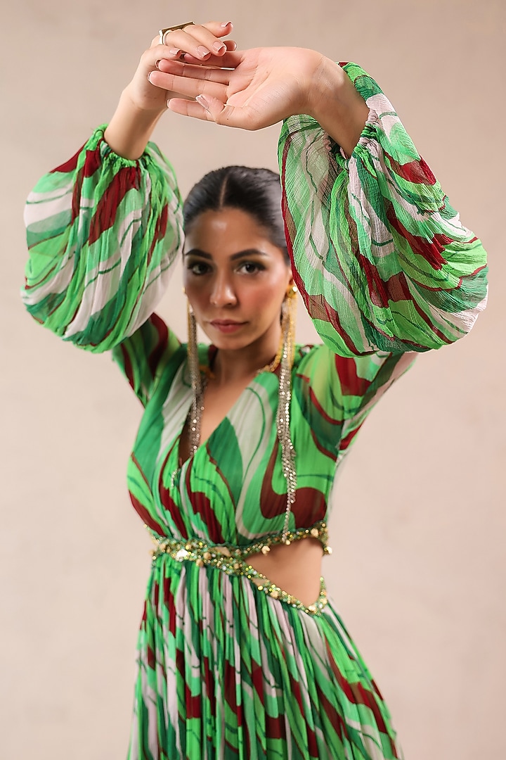Forest Green Chiffon Lehar Printed Maxi Vacation Dress by Pallavi Jaipur at Pernia's Pop Up Shop