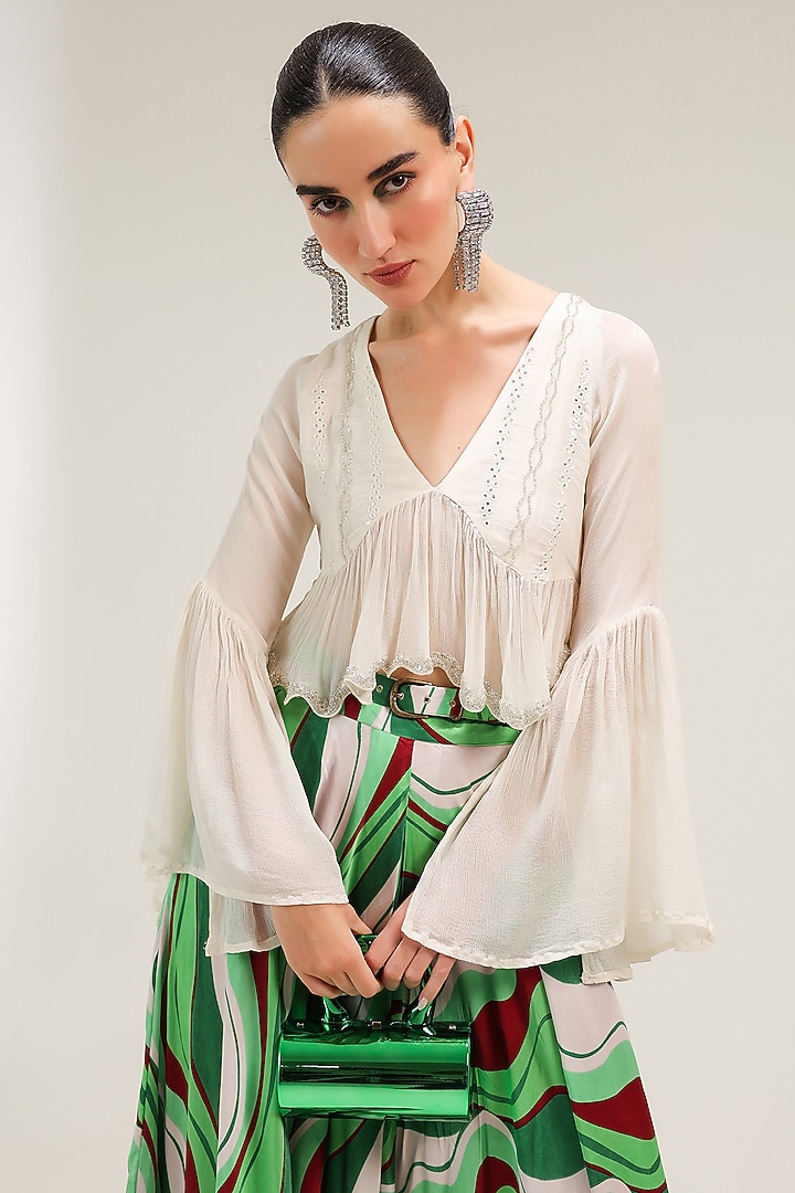 Forest Green Silk Blend Lehar Printed Skirt Set by Pallavi Jaipur at Pernia's Pop Up Shop