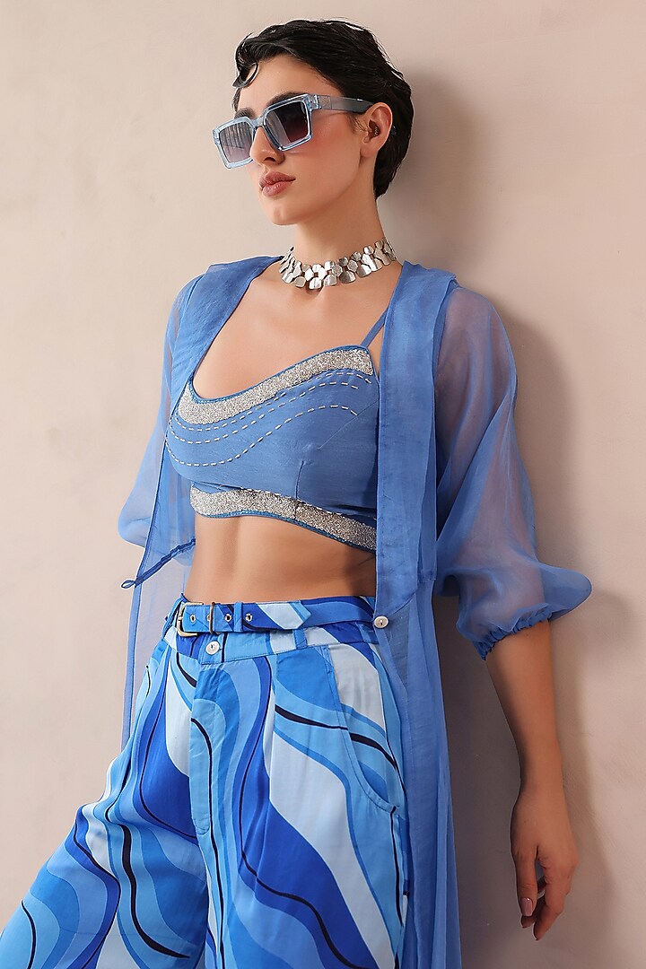 Ocean Blue Organza Jacket Set by Pallavi Jaipur at Pernia's Pop Up Shop