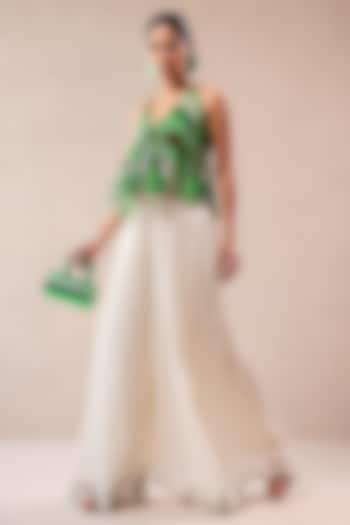 Ivory Wrinkle Crepe Hand Embroidered Palazzo Pant Set by Pallavi Jaipur at Pernia's Pop Up Shop