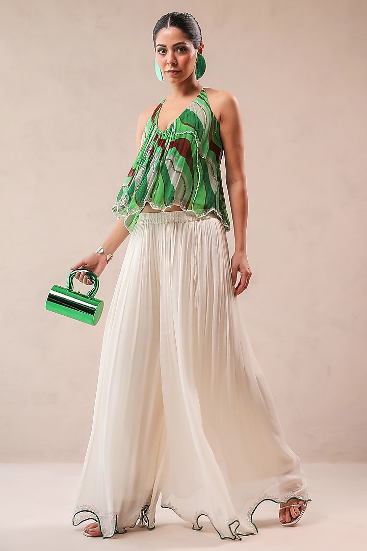 Ivory Wrinkle Crepe Hand Embroidered Palazzo Pant Set by Pallavi Jaipur at Pernia's Pop Up Shop