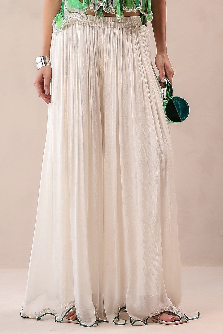 Ivory Wrinkle Crepe Hand Embroidered Palazzo Pant Set by Pallavi Jaipur at Pernia's Pop Up Shop