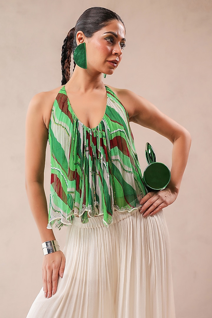 Ivory Wrinkle Crepe Hand Embroidered Palazzo Pant Set by Pallavi Jaipur at Pernia's Pop Up Shop