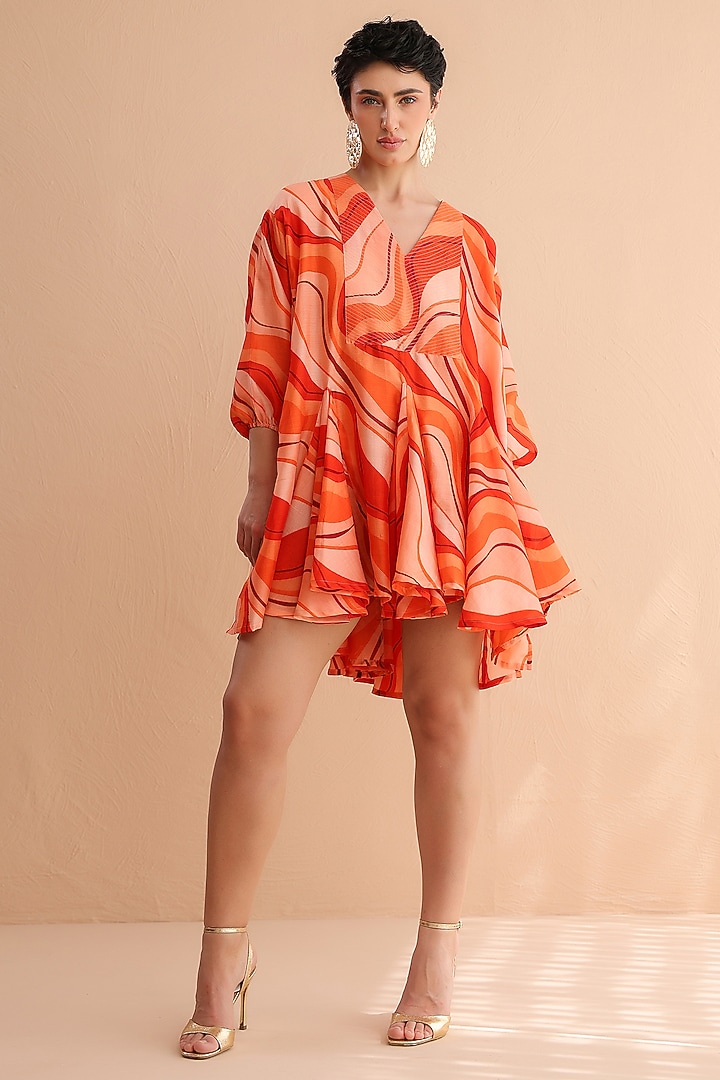 Tangerine Chanderi Silk Lehar Printed Mini Summer Dress by Pallavi Jaipur at Pernia's Pop Up Shop
