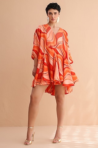 Tangerine Chanderi Silk Lehar Printed Mini Dress by Pallavi Jaipur