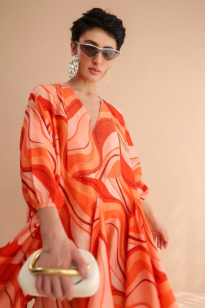 Tangerine Chanderi Silk Lehar Printed Mini Summer Dress by Pallavi Jaipur at Pernia's Pop Up Shop