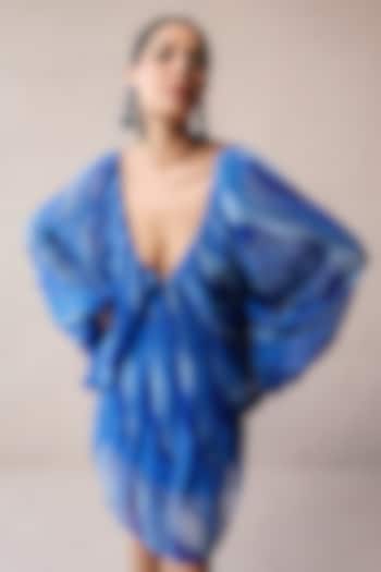 Atlantic Blue Chiffon Lehar Printed Mini Vacation Dress by Pallavi Jaipur at Pernia's Pop Up Shop