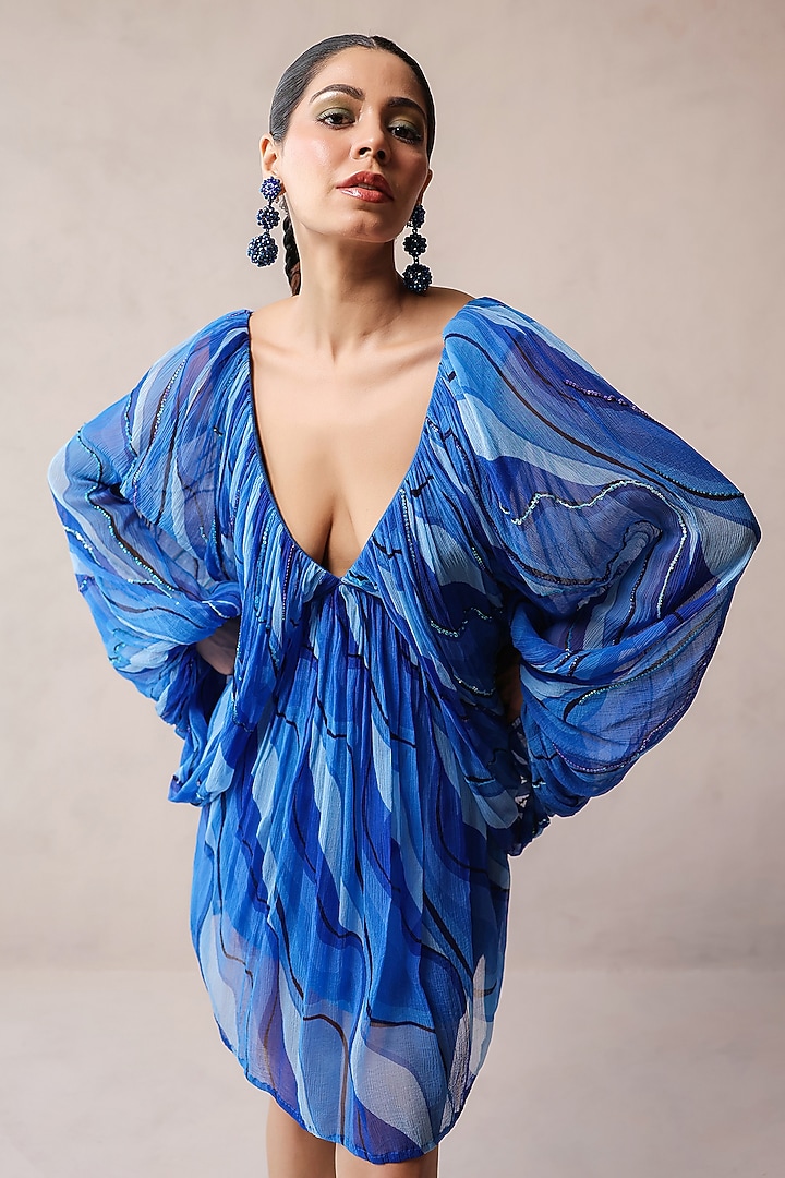 Atlantic Blue Chiffon Lehar Printed Mini Vacation Dress by Pallavi Jaipur at Pernia's Pop Up Shop