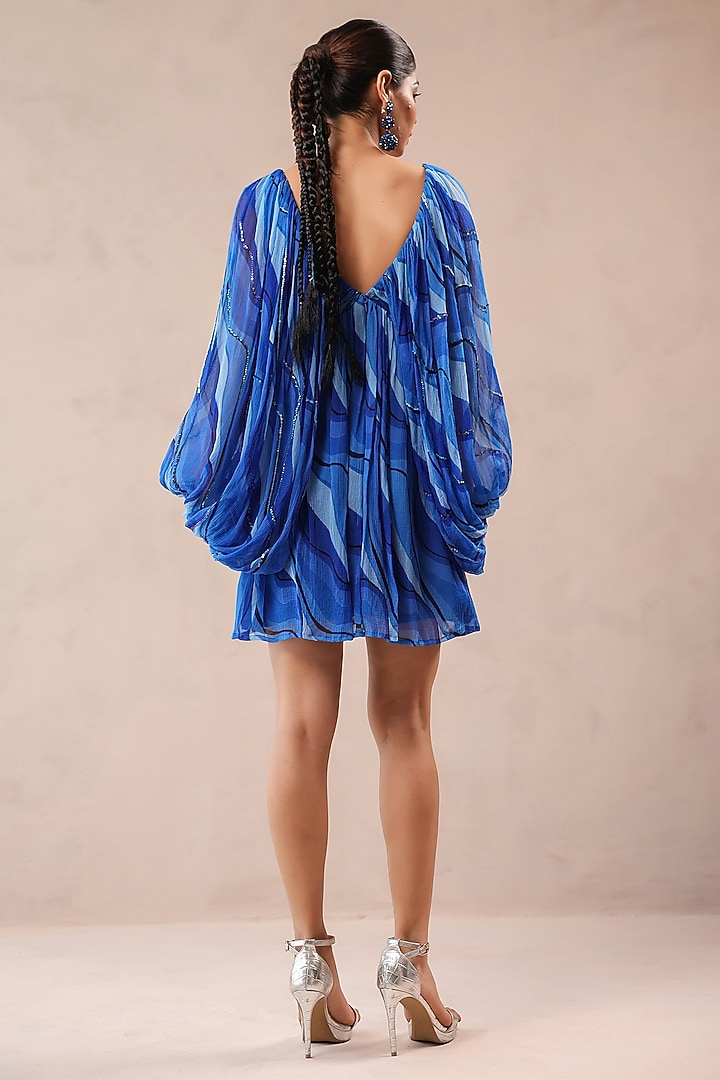 Atlantic Blue Chiffon Lehar Printed Mini Vacation Dress by Pallavi Jaipur at Pernia's Pop Up Shop